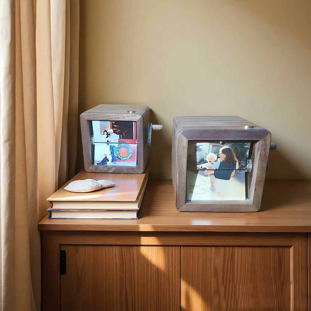 Personalized Walnut Wood Music Photo Album with LED Lights – Hand-Crank Rotating Desk Ornament, Unique Gift with Music and Custom Photos