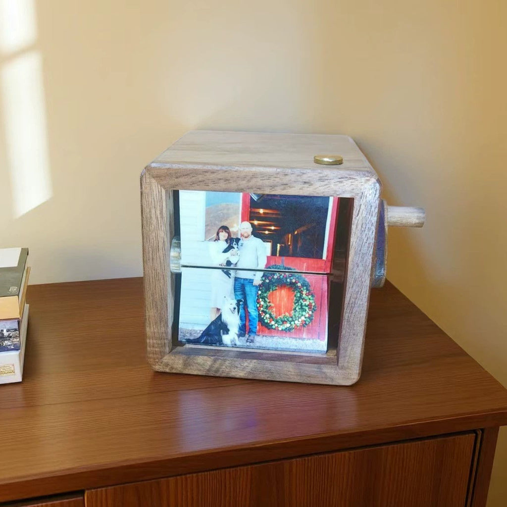 Personalized Walnut Wood Music Photo Album with LED Lights – Hand-Crank Rotating Desk Ornament, Unique Gift with Music and Custom Photos