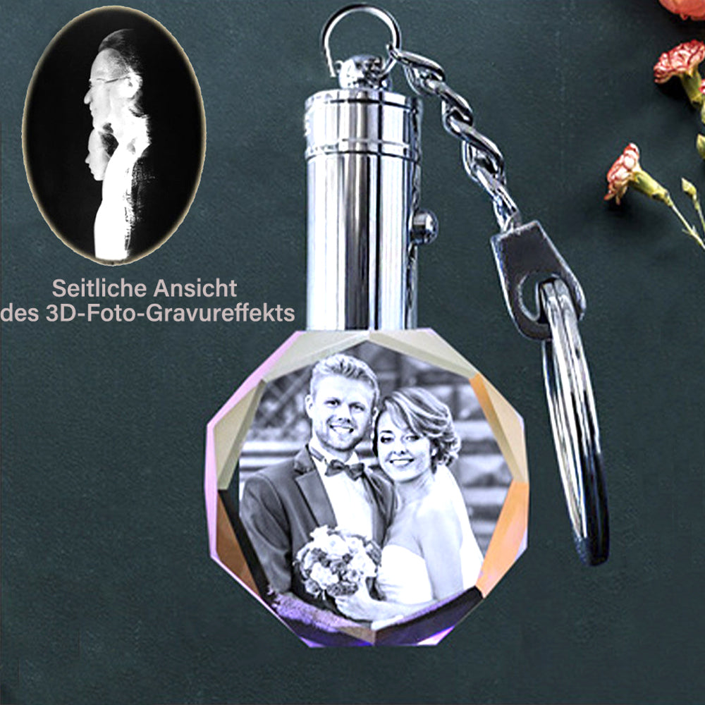 Personalisierte Kristall Schlüsselanhänger - Achteckiger Runder Anhänger mit Gravur 2D/3D-Skizzenfoto,Erinnerungs Geschenk