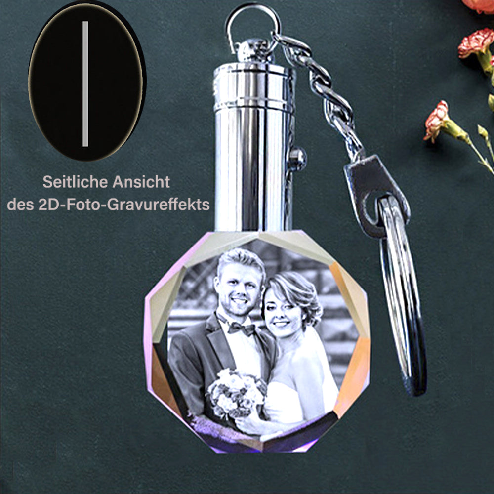 Personalisierte Kristall Schlüsselanhänger - Achteckiger Runder Anhänger mit Gravur 2D/3D-Skizzenfoto,Erinnerungs Geschenk