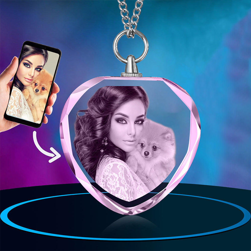 Personalized Rose Quartz Heart Necklace with 2D/3D Photo Engraving