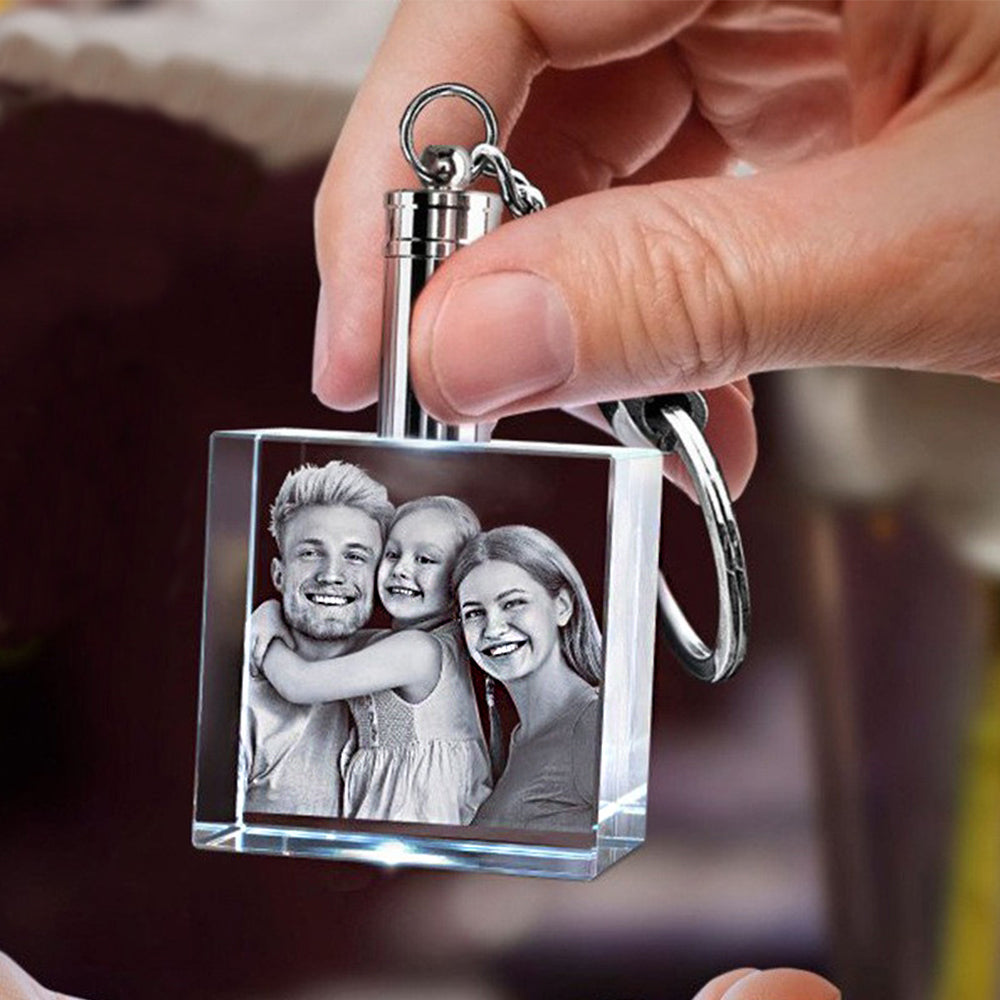 Personalized Crystal Photo Keychain – Square Pendant with 2D/3D Engraving