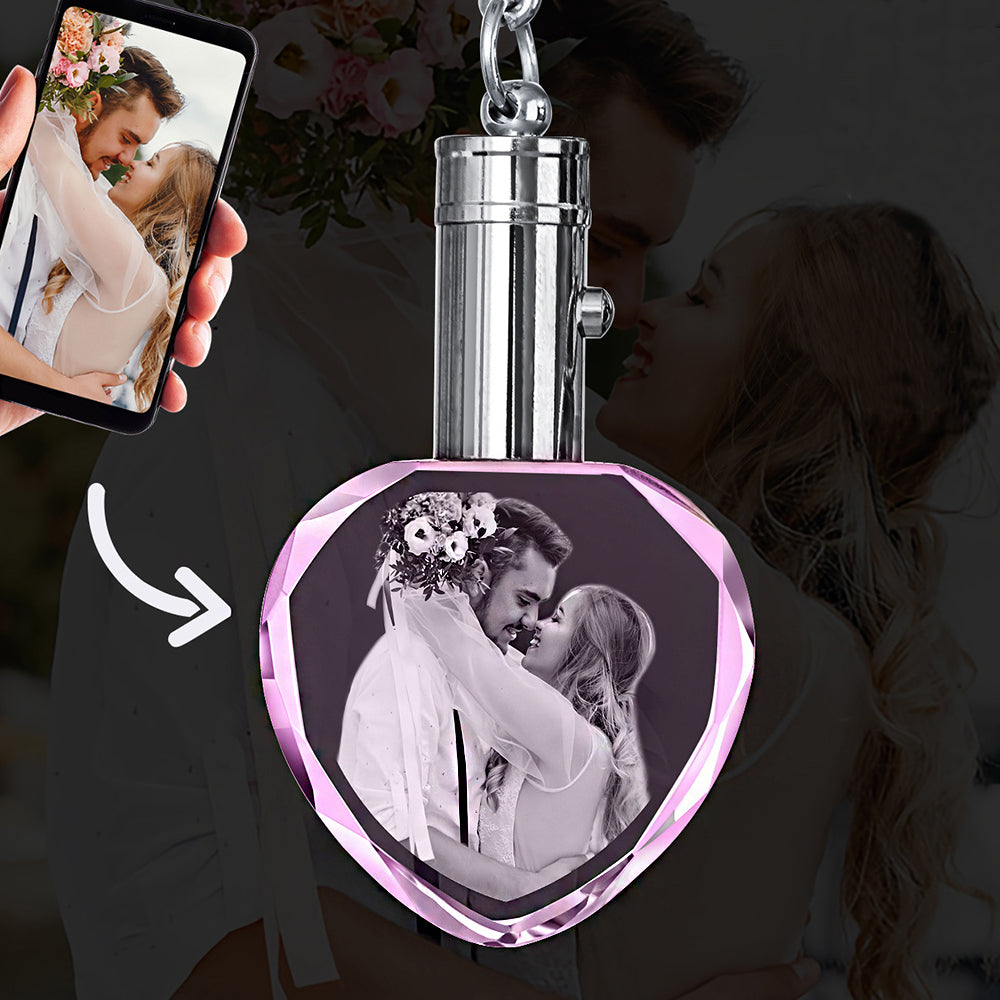 Personalized Pink Heart Crystal Keychain with 2D/3D Photo Engraving
