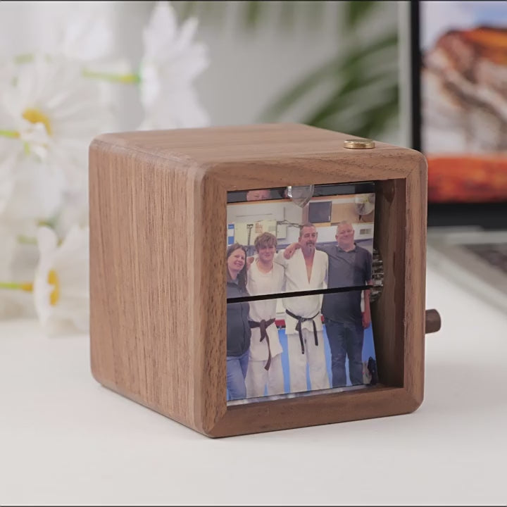 Personalized Walnut Wood Music Photo Album with LED Lights – Hand-Crank Rotating Desk Ornament, Unique Gift with Music and Custom Photos